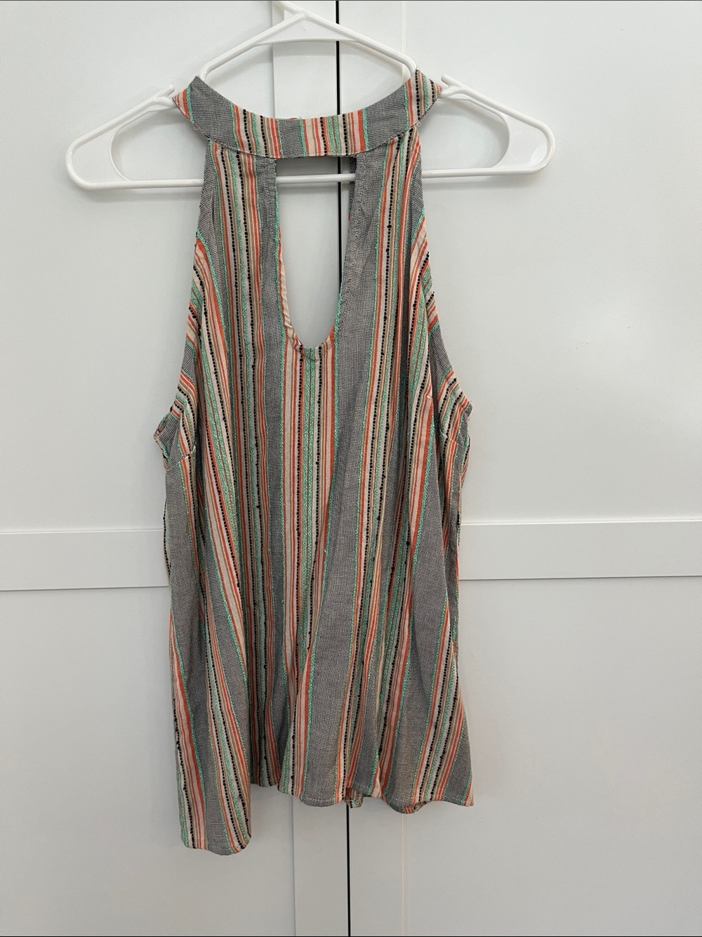 Striped Halter Tank Top in Gray with Coral & Teal Accents